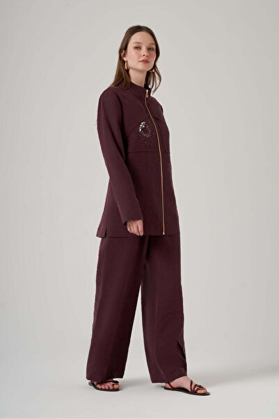 Nuss 1054 Taş Detay Fermuarlı Pantolonlu Takım - Mürdüm