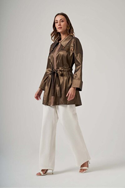 Nuss 6040 Parlak Bel Bağcıklı Trenç Kap – Haki