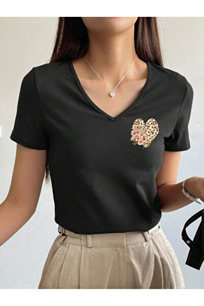 SUNFREE Floral Leopard Heart V-Neck Pam Cotton Short Sleeve Women's Tshirt