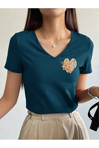 SUNFREE Floral Leopard Heart V-Neck Pam Cotton Short Sleeve Women's Tshirt