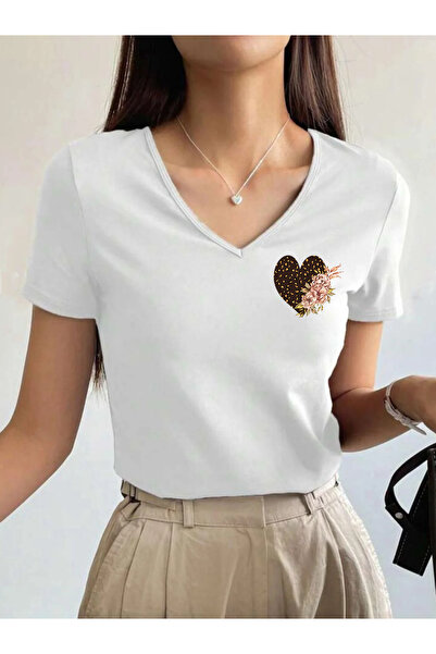 SUNFREE Floral Leopard Heart V-Neck Pam Cotton Short Sleeve Women's Tshirt