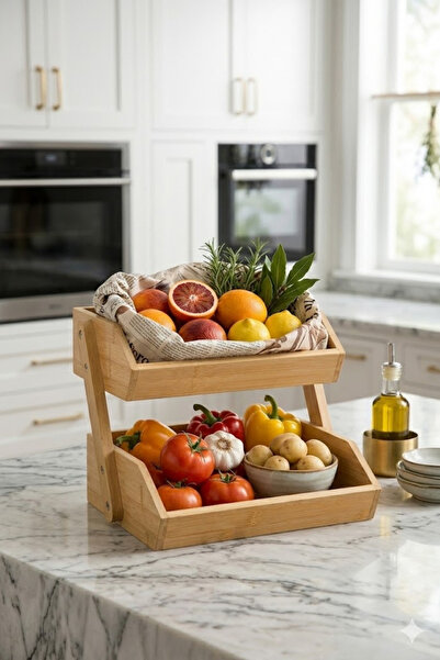 Sevedo 2 Katlı Doğal Bambu Meyvelik ve Sebzelik - Mutfak Tezgah Üstü Düzenley...