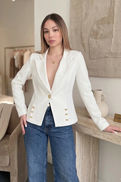 diaves Beyaz Gold Düğme Detaylı Kruvaze Kesim Dokuma Kumaş Blazer Ceket