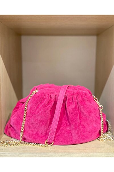 Civic Women's Fuchsia Suede Look Chain Shoulder Bag / Süet Çanta