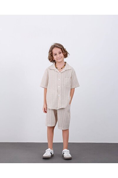 Arya Nisa Kids Boy's Λινό Ριγέ Ύφασμα 100% Βαμβάκι Καλοκαιρινό Σετ 2τμχ Πουκά...