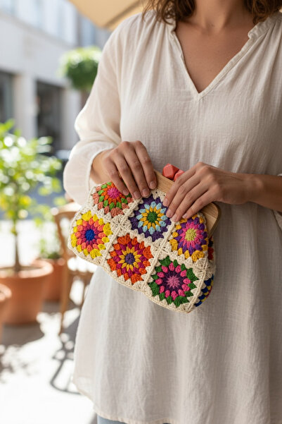 satürn hobi örgü tasarım Knitted Colorful Motif Wooden Burslu Ecru Clutch Bag