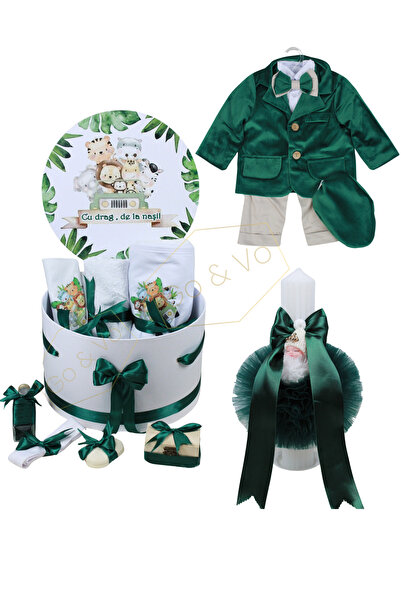 GoVo Kids Set complet botez cu lumanare si costum, Baietel, 10 piese, Safari,...