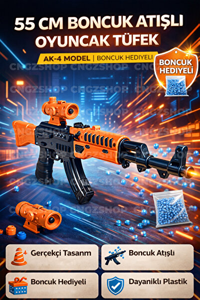 CNGZSHOP 55 cm Plastik Oyuncak Tüfek Boncuk Atışlı AK-4 | Boncuk Hediyeli Oyu...