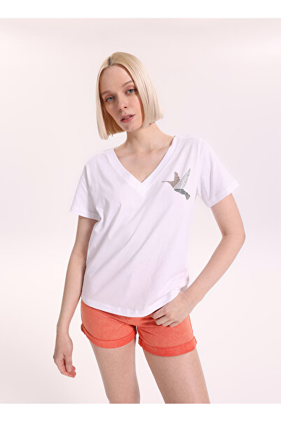 Fabrika Kırık Beyaz Kadın Regular Fit Baskılı T-Shirt F6SL-TST0298