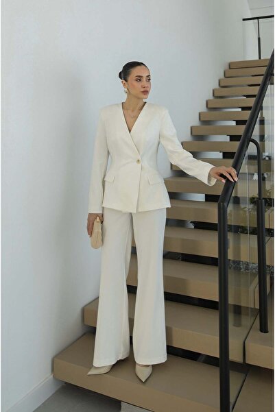 Havoş Λευκό σετ παντελονιού με σακάκι με λαιμόκοψη V