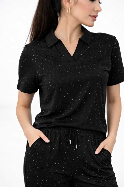 lubiti Modal Fabric, Shirt Collar Crystal Stones, Top and Bottom Set /High Wa...