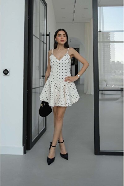Havoş Ecru Strappy Dress Ruffled Pack of Polka Dot