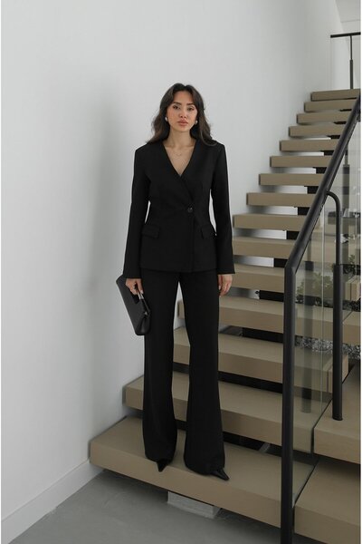 Havoş Black V-Neck Jacket and Pants Set