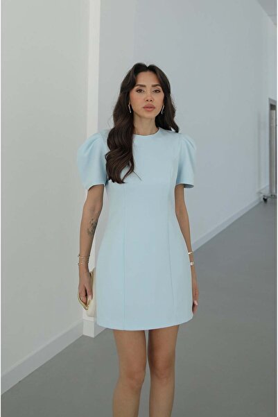 Havoş Μπλε Μίνι Φόρεμα Omzu Με πιέτες