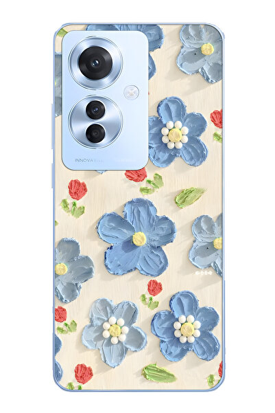 FLAMENKO Oppo Reno 11F 5G Uyumlu Mavi Yağlı Boya Çiçek Desenli Şeffaf Telefon...