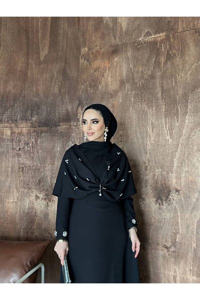 SAYRA Hijab Shawl Detailed Stone Embellished Long Evening Dress – Leyla Model