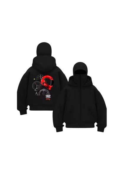 Flaubert Siyah Unisex Oversize Tam Fermuarlı Maskeli Gotik Kapüşonlu Hoodie S...