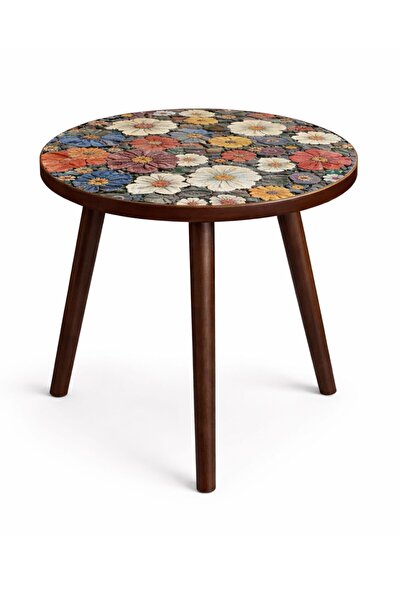 TSUMAB طاولة جانبية مستديرة مزينة بنقشة زهور الأقحوان - سطح من خشب MDF مزخرف ...