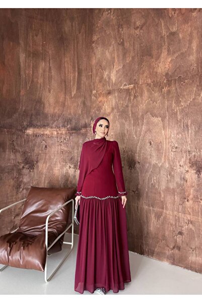 SAYRA Tesettür Şal Detaylı Taş İşlemeli Uzun Abiye Elbise – Saray Gecesi Model