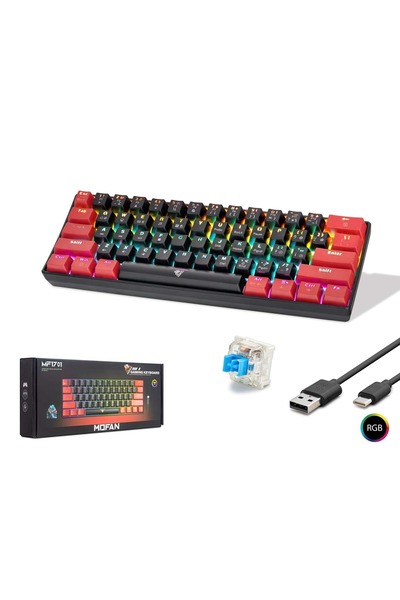 mofan MF1701BR Mekanik Gaming Mini Klavye Blue Switch RGB 61 Tuş Siyah Kırmızı