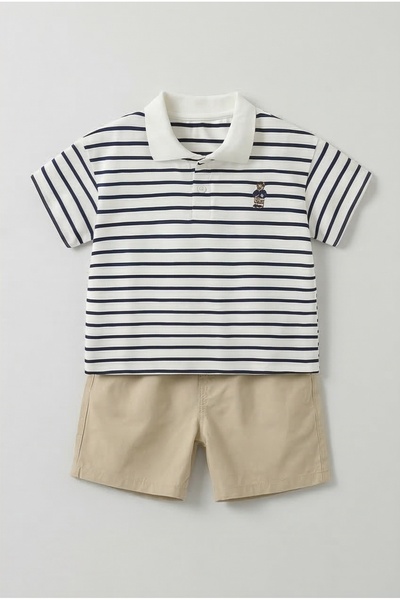 Nobrand Baby Boys Cotton Polo Shirt Set Striped Bear Embroidery 2pcs Casual K...