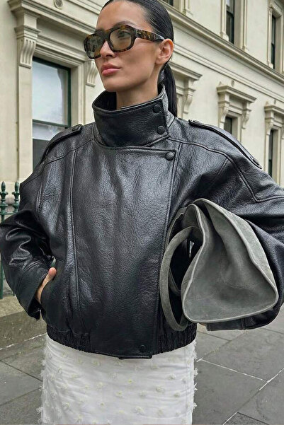 Moderk ZRA ياقة مرتفعة متوسطة الطول ذو ملمس بارز جلد صناعي سترة