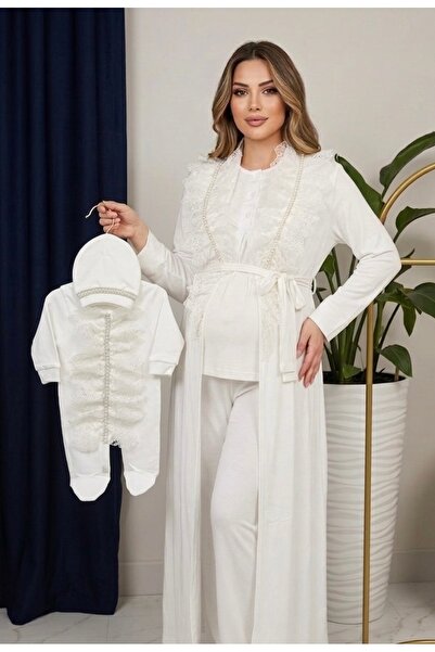 By Serpil Şener İnci ve Dantel Detaylı 3'lü Lohusa Pijama & Erkek Bebek Tulum...
