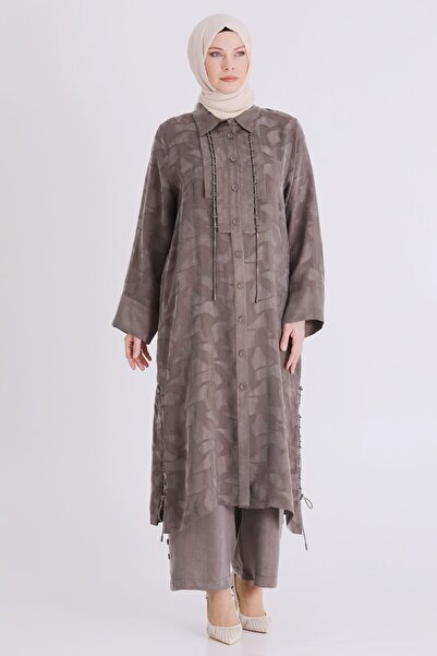 Sahra Tesettür Behrem Büyük Beden pamuklu koyu vizon pantolonlu takım 60 bede...