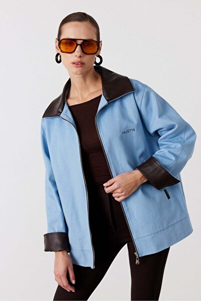 FACETTE Faux Leather Collared Jacket Blue