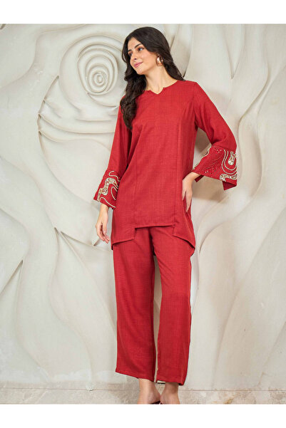Athena By Styli طقم تونيك مطرّز باللون الصدأ مع بنطال