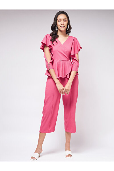 Zima Leto By Styli Pink Ruffle Slit Sleeve Top and Pants Co-ords