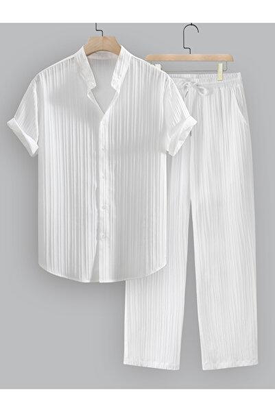 Take Two By Styli Striped Stand Collar Short Sleeve Shirt and Trousers Co-Ords