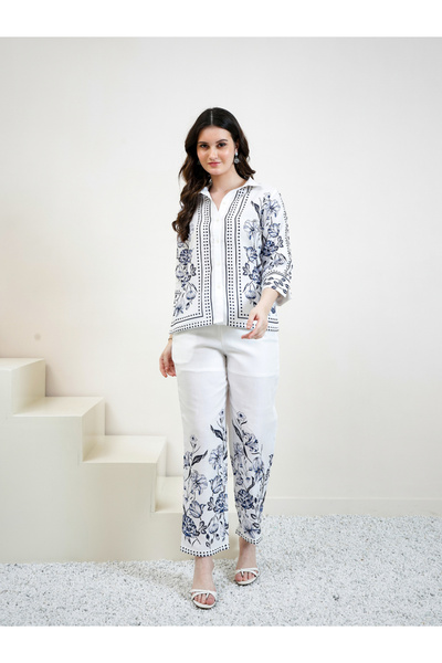 Athena By Styli White Floral Print Shirt and Trousers Co-ords