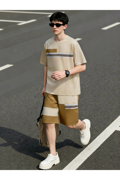 Take Two By Styli Men Color Block Round Neck T-Shirt and Shorts Set