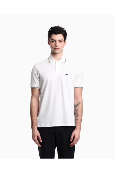 Emporio Armani Men's Slim Fit Logo Detailed Stretchy Piqué Fabric Short Sleev...