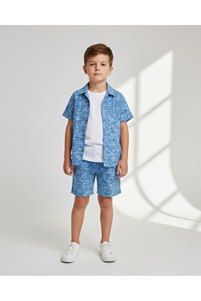 REDTAG Boys Blue Printed Shirt With Shorts Set