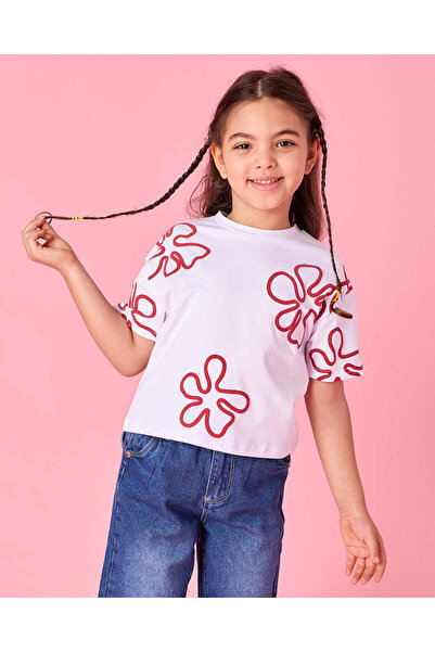 REDTAG Girls White Flower Printed T-Shirt