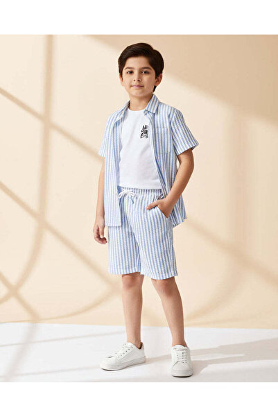 REDTAG Boys Blue Striped Seersucker Shirt & Shorts Set (3 Piece)