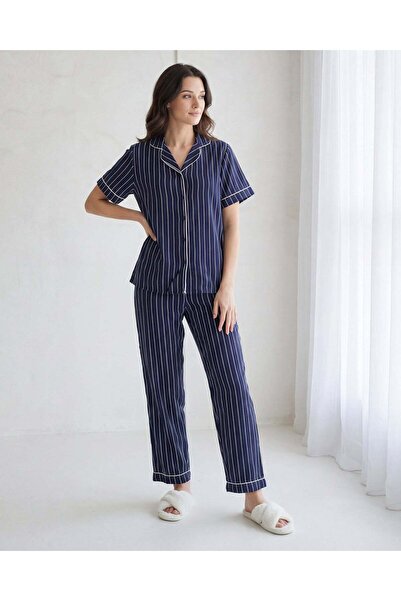 REDTAG Women Navy Striped 2 Piece Pyjama Set