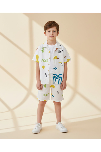 REDTAG Boys White Printed Shirt With Shorts Set