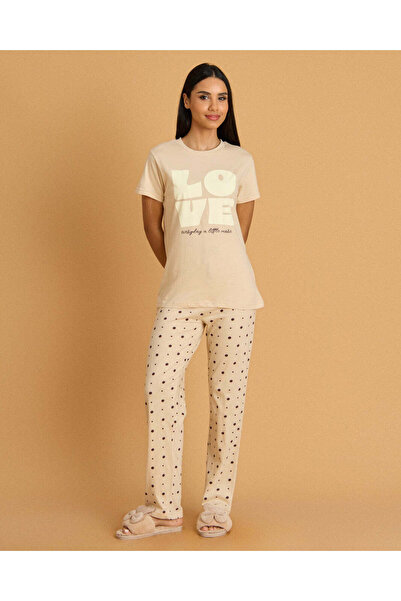REDTAG Women Beige Printed Pyjama Set