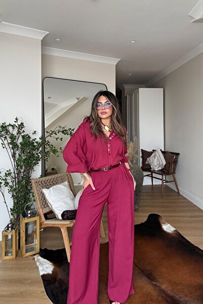 Sohotique By P Massi Model Viscose Shirt Pants Set Cherry