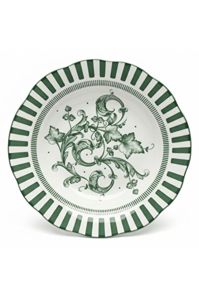 Angela Floral Garden Ceramic Deep Plate – 22 cm (White with Green Floral Design)