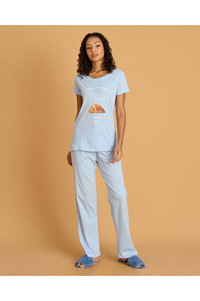 REDTAG طقم بيجاما نسائي أزرق مطبوع على الصدر