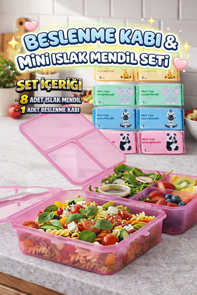 M&H 4 Bölmeli Beslenme Seti: 1 Adet Yemek Kabı + 8 Adet Islak Mendil