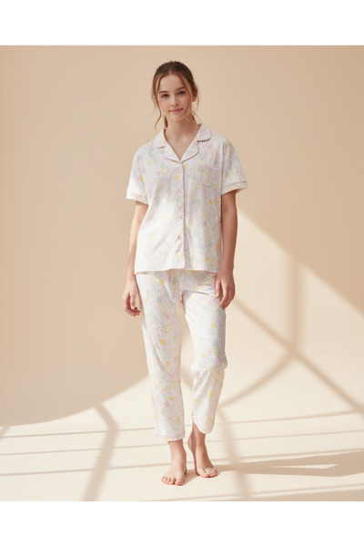 REDTAG طقم بيجاما أبيض بأزرار أمامية على شكل قلب للبنات (قطعتان)