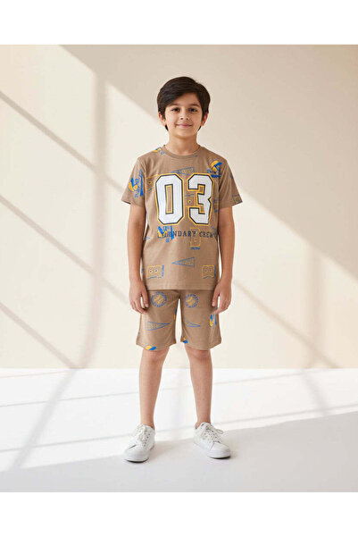 REDTAG Boys Brown Printed T-Shirt & Shorts Night Suit Set