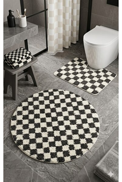 EUROBANO Chess Dama Patterned Latex Non-Slip Sole Machine-Made Washable Circl...