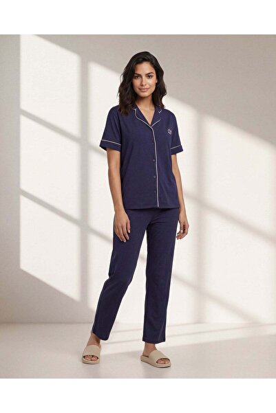 REDTAG Women Navy 2 Piece Solid Pyjama Set