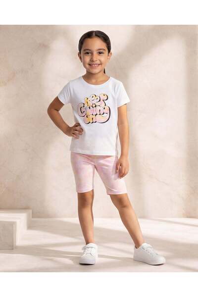 REDTAG Girls White Text Graphic T-Shirt And Shorts Set